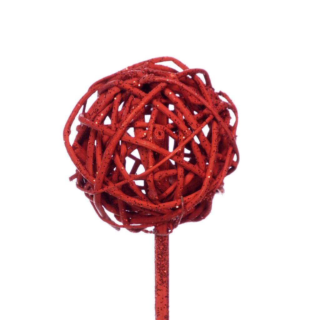 Декор шар на штекере красный,с красными блестками
