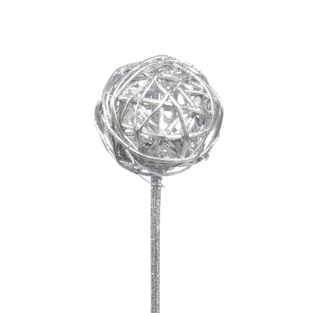 Декор шар на штекере серебряный, с серебряными блестками